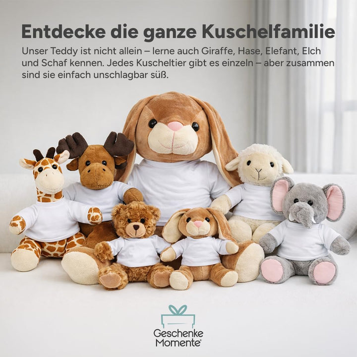 Kuscheltier Teddybär personalisiert – Flauschiges Plüschtier mit weissem T-Shirt zum Bedrucken – Wei