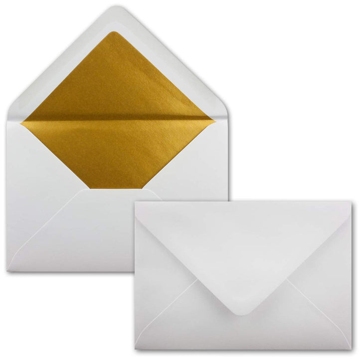 25x Briefumschläge B6 mit Gold Innenfutter - 12,5 x 17,6 cm - Weiss - gefüttert mit metallic Papier