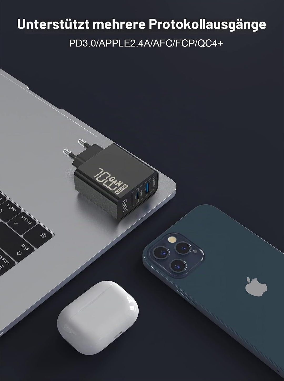 70W USB C Ladegerät Type C PD GaN Netzteil 2-Port USB C Netzteil für MacBook Pro/Air Dell XPS 15 Goo