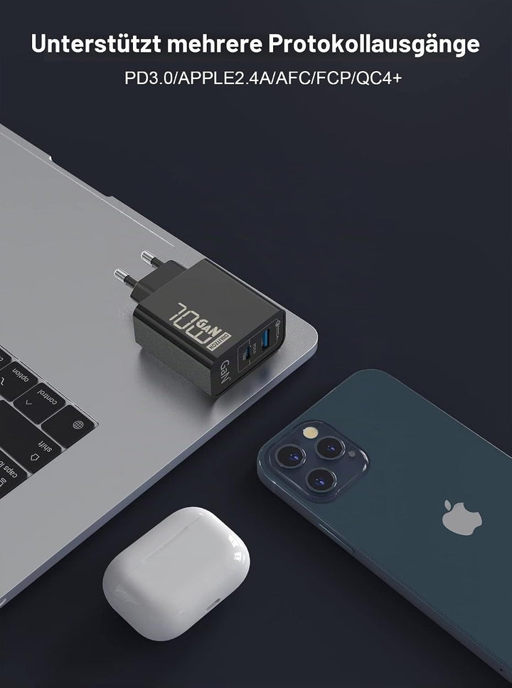 70W USB C Ladegerät Type C PD GaN Netzteil 2-Port USB C Netzteil für MacBook Pro/Air Dell XPS 15 Goo
