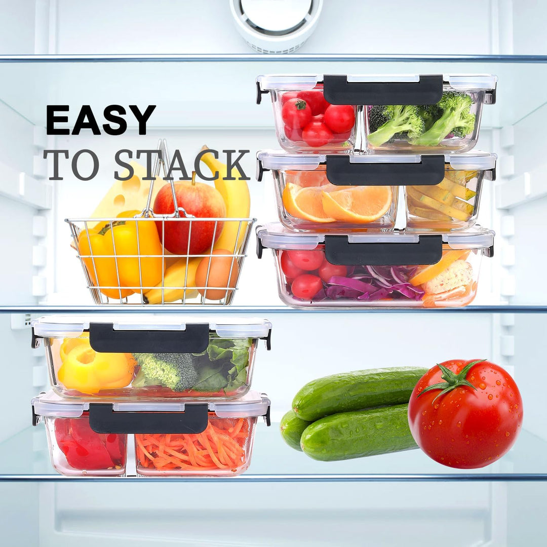Glasbehälter mit Deckel Meal Prep Boxen Glas 2&3 Fächer (4Stück, 1040ml) Frischhaltedosen mit Deckel