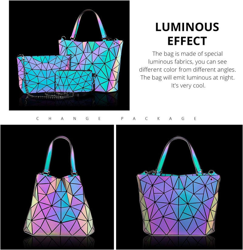 LOVEVOOK Handtasche Set Damen, Geometrische Holographic Taschen, 3pcs Umhängetasche Henkeltasche Gel