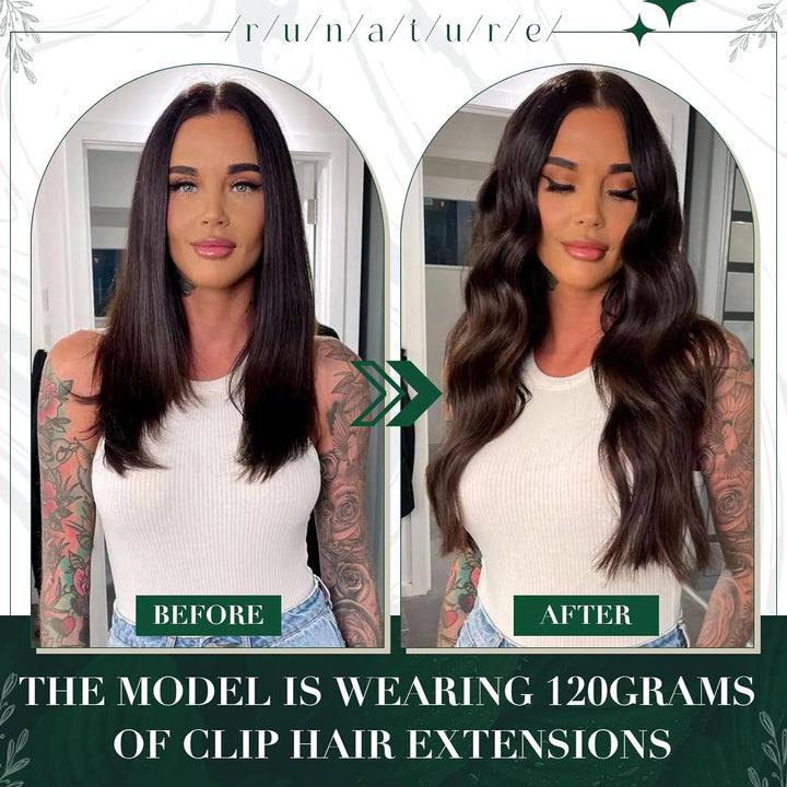 RUNATURE Clip in Extensions Echthaar Schwarz Glatt 40cm Echthaar Extensions Clip Naturliches Schwarz