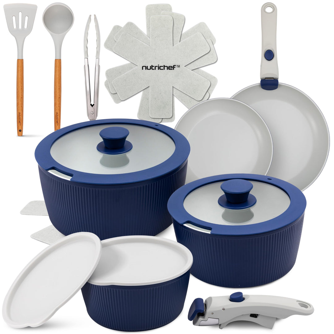 NutriChef Topfset 18 Teilig Keramik Blau mit Abnehmbaren Griffen Induktion Topf und Pfannenset Antih