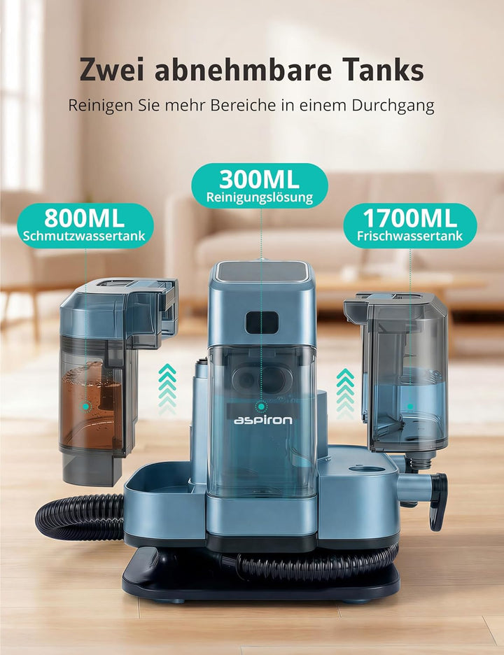 Aspiron Polsterreiniger Gerät, 3-in-1 Dampfreiniger mit Heiss-/Kaltwasser- und Dampfwäsche, 300 ML T
