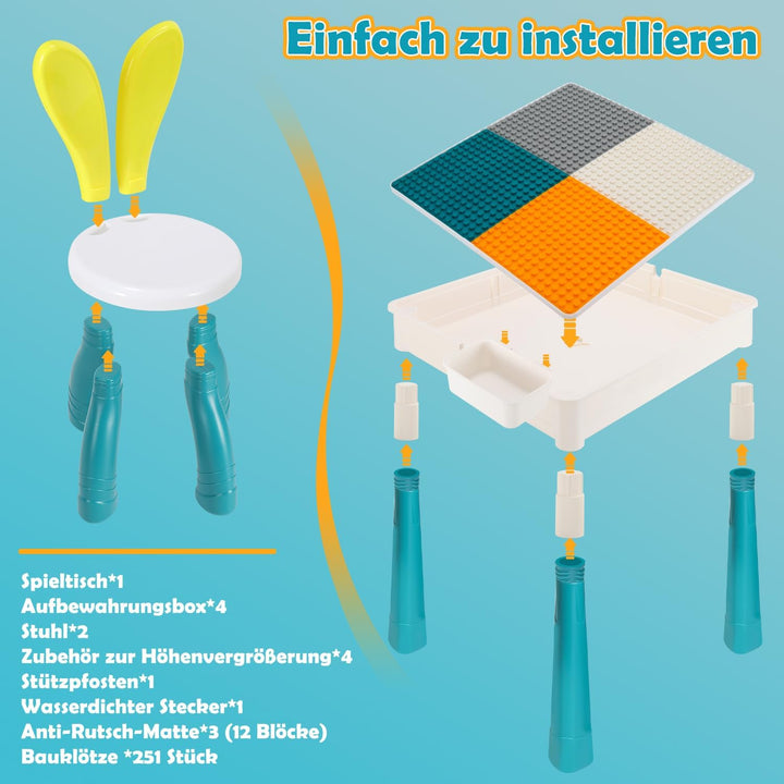 Kindertisch mit 2 stühlen Spieltisch Kinder mit 251 Bausteine,Multifunktionaler Aktivitätstisch ab 2