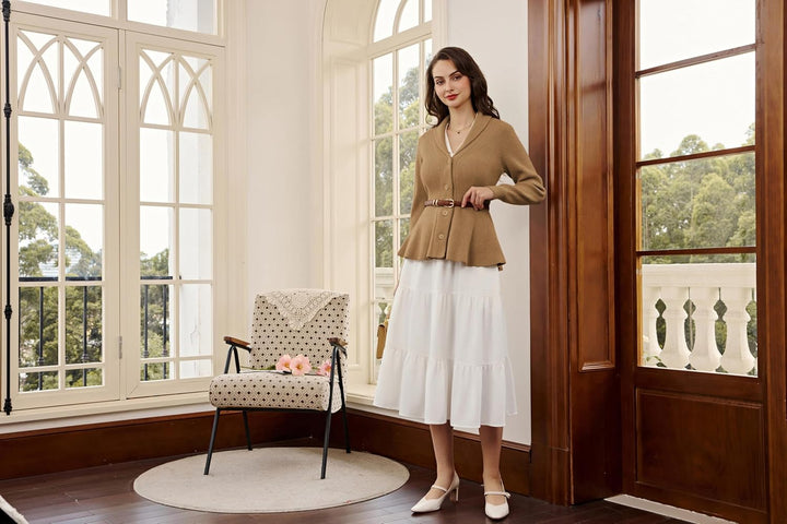 Belle Poque Damen Strickjacke Langarm Reverskragen Cardigan mit Rüschensaum Casual Strickmantel M Br