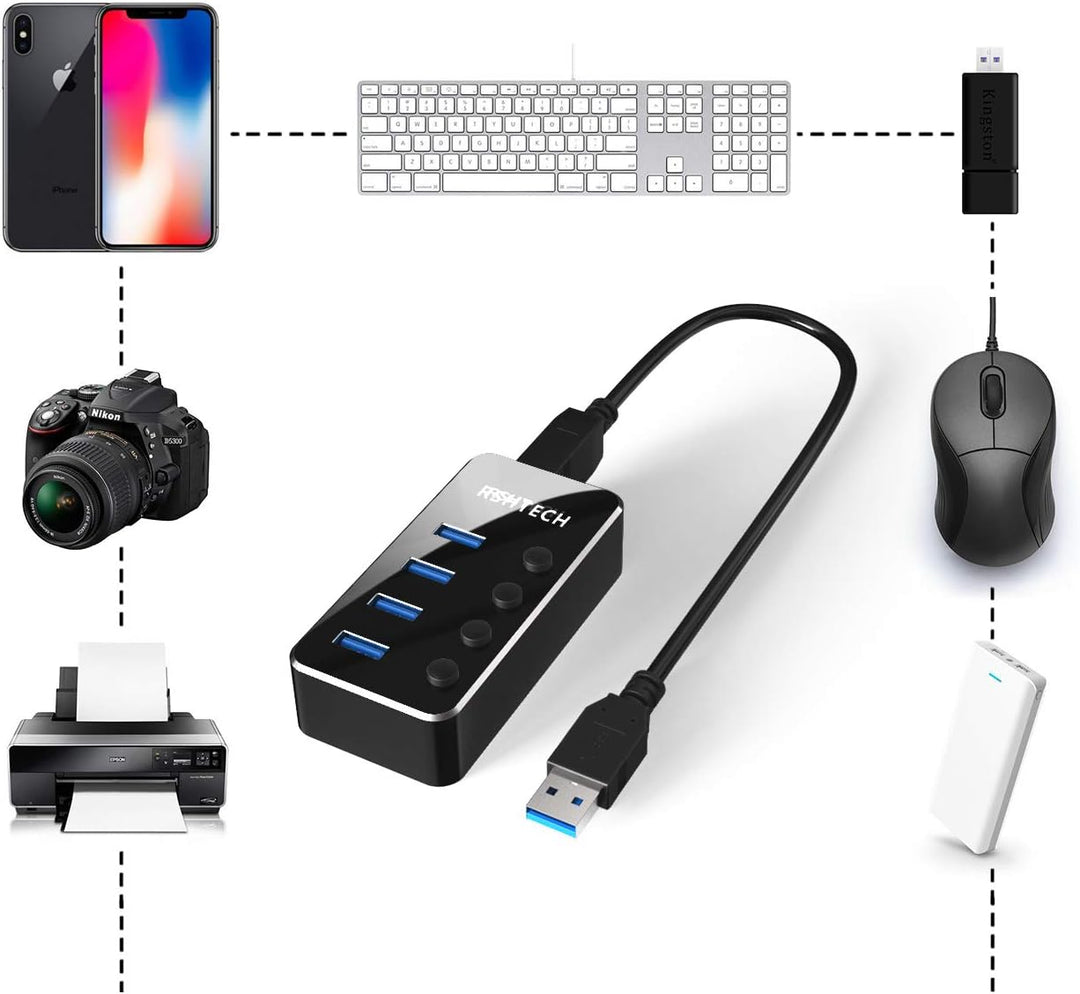 RSHTECH USB Hub Aktiv 3.0 mit Netzteil, USB 3.0 Hub Aktiv mit 4 Ports USB Verteiler 3.0 Datenhub mit