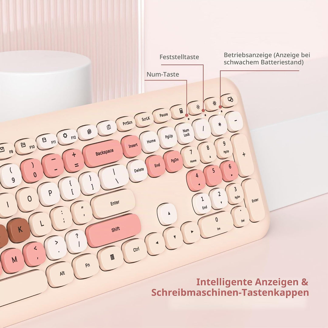 SOLIDEE Buntes kabellose Tastatur und Maus-Kombination,2.4GHz Retro Schreibmaschine Tastatur,104 Tas