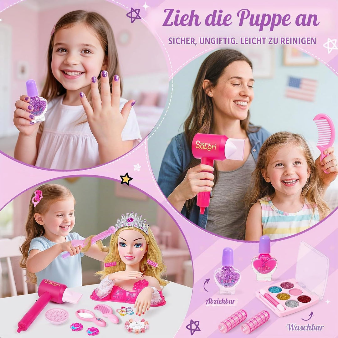G.C Schminkpuppe Frisierkopf für Kinder Mädchen Spielzeug mit Schminkkopf Haartrockner Nagellack Kin