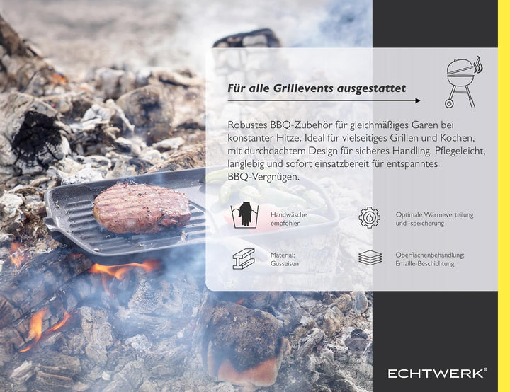 ECHTWERK Grillpfanne aus Gusseisen mit Grillstreifen, Bratpfanne, Steakpfanne, geignet für den Einsa