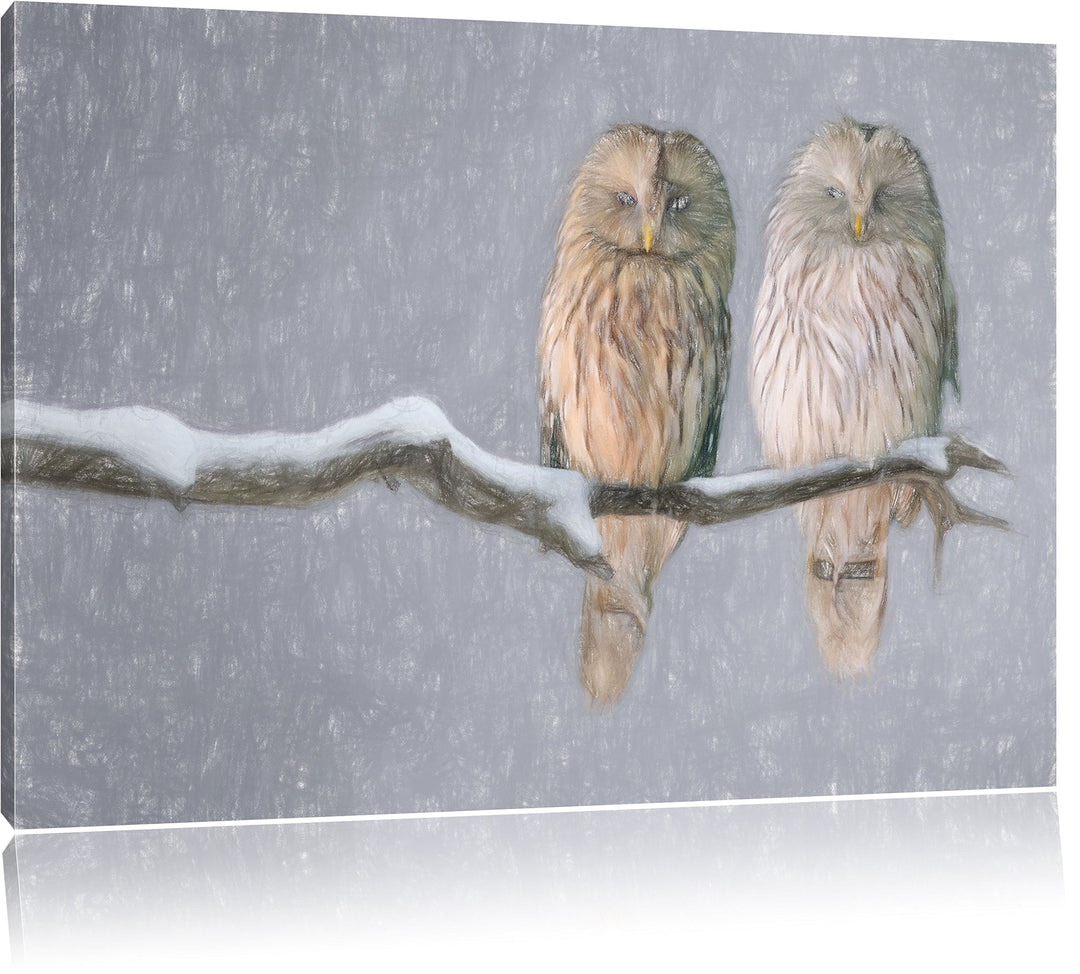 Pixxprint Zwei Eulen in Winterlandschaft Kunst Buntstift Effekt, Format: 100x70 auf Leinwand, 100x70