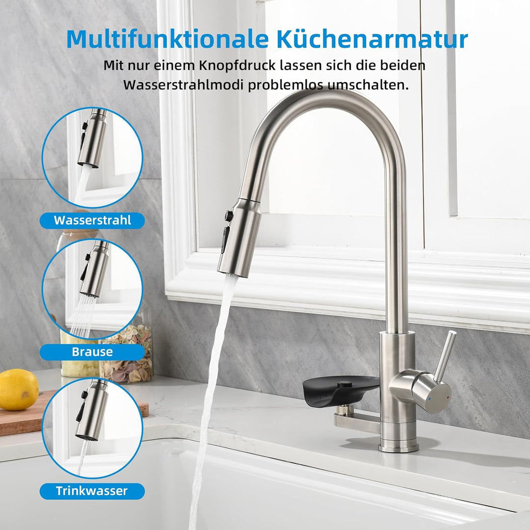 3 Wege Wasserhahn Küche Mynaiad Wasserfilter Glasspüler Ausziehbar Dual-Auslauf,360°-Drehung Küchena