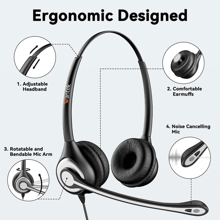 Wantek Stereo-Headset,schnurgebunden,USB-A,Mikrofon mit Noise Cancelling-ganztägiger Komfort-USB-A:P