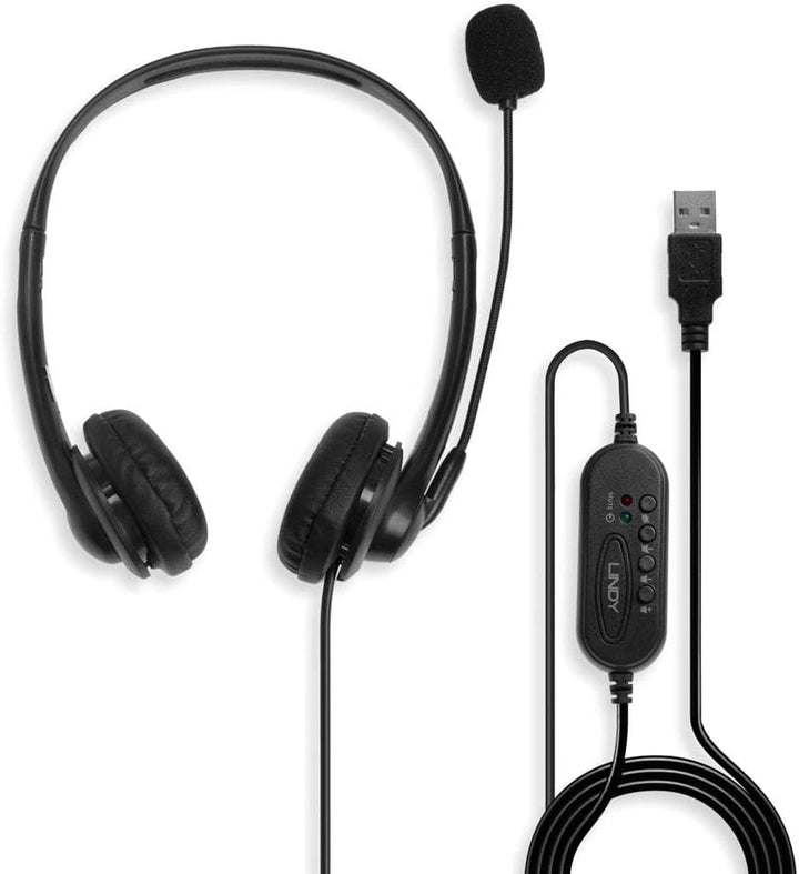 LINDY 42870 Headset, kabelgebunden mit USB-Anschluss Typ A und In-Line-Steuerung, Schwarz