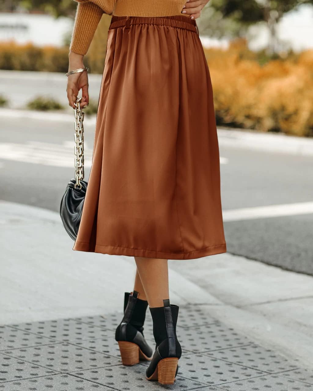 JayscreateEU Damen Rock Midirock Rock Lang Hohe Taille Rock Knielang A Linie Damen Mit Taschen Somme