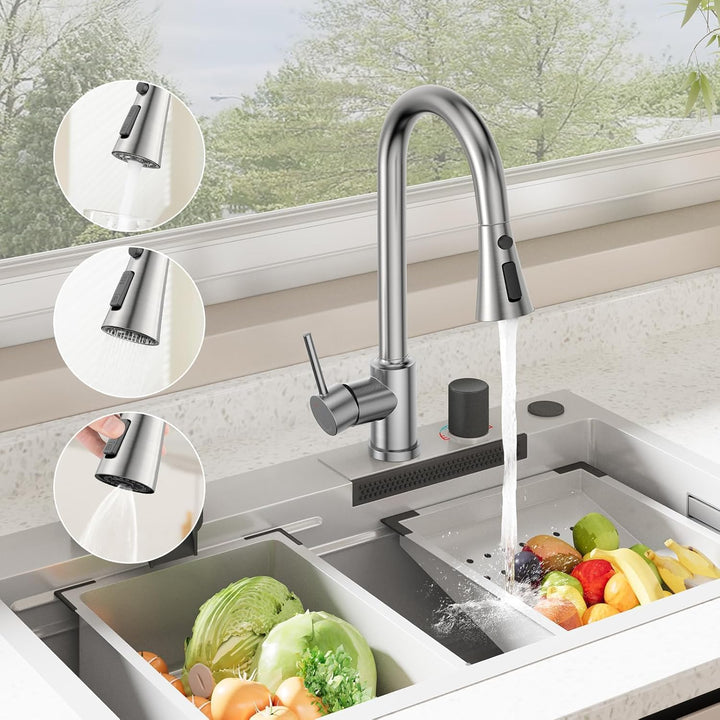 Küchenarmatur mit Ausziehbrause, 3 Strahlarten Wasserhahn Küche 360° Schwenkbar, Edelstahl SUS304 Sp