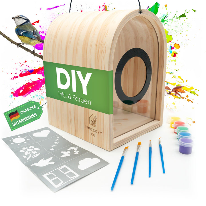 TWOCOZY Vogelhaus zum Bemalen | DIY Bastelset für Kinder mit Schablonen, Wasserfesten Acrylfarben &