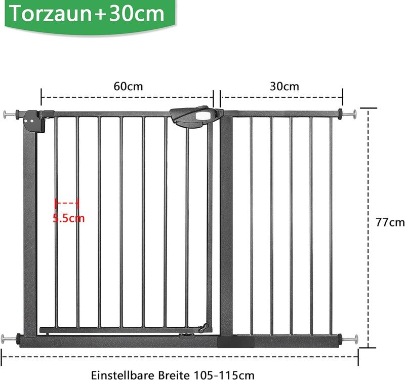 UISEBRT Türschutzgitter Ohne Bohren Treppenschutzgitter für Kinder 105-115cm breit, Auto-Close Baby