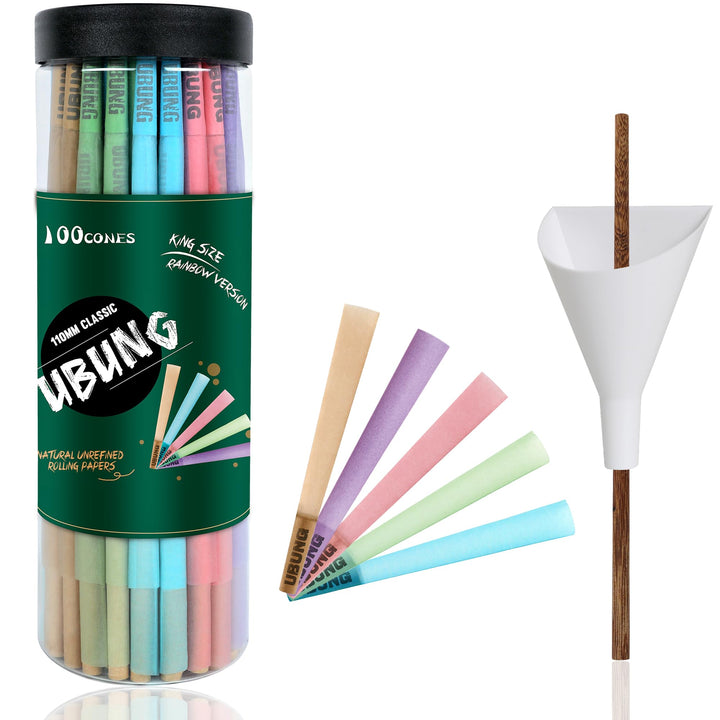 UBUNG Rainbow Cones | 100 King Size Konisch vorgedrehte Hülsen (5 Farben) Einschliesslich 1 Trichte