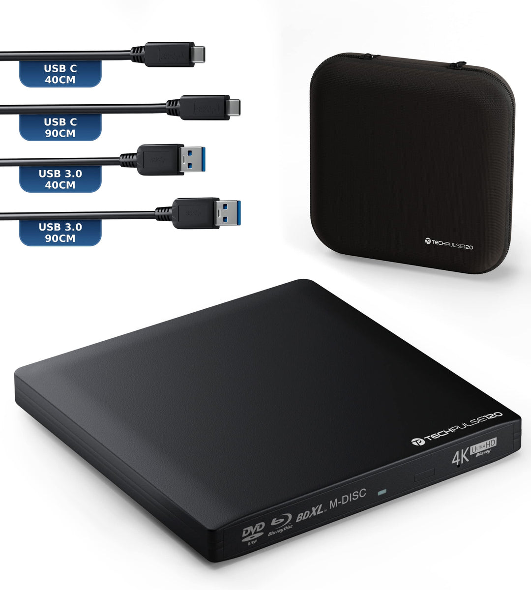 techPulse120 Externes USB 3.1 USB-C UHD 4k 3D M-DISC Blu-ray DVD CD BDXL HDR10 100GB Laufwerk Brenne