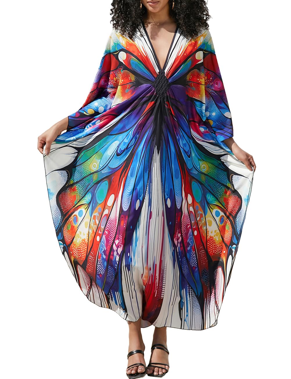 Bsubseach Damen Ethnic Print Kaftan Beach Dress Plus Size Strandkleid Bunter Schmetterling, Bunter S