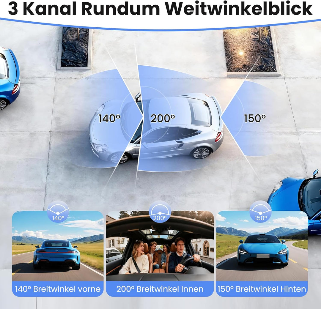 Dashcam Auto Vorne Hinten 4K+1080P mit GPS WiFi,3 Channel 1080P Dash Cam Auto Kamera 3,16" IPS Bilds