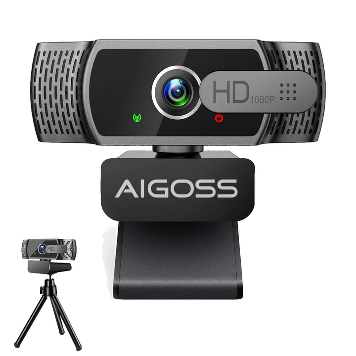 Webcam 1080P mit Mikrofon und Webcam Abdeckung, Stativ, Plug & Play, mit automatischer Lichtkorrektu