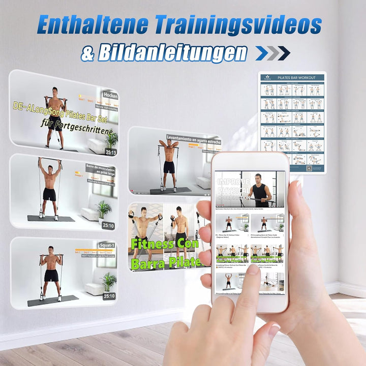 ALongSong Pilates Bar Set mit Widerstandsbänder Krafttraining 180LBS/140LBS Resistance Bands Fitness