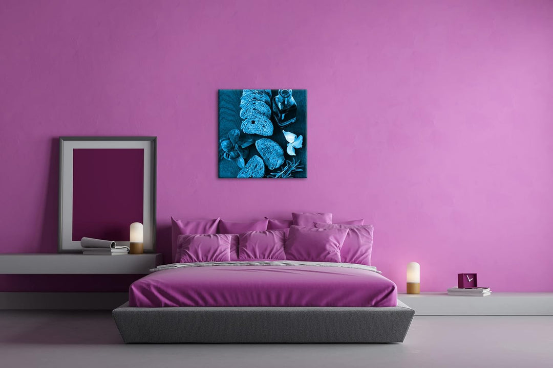 deyoli mediterranes Oliven Öl mit Brot Format: 70x70 Effekt: Monocrome Blau als Leinwandbild, Motiv