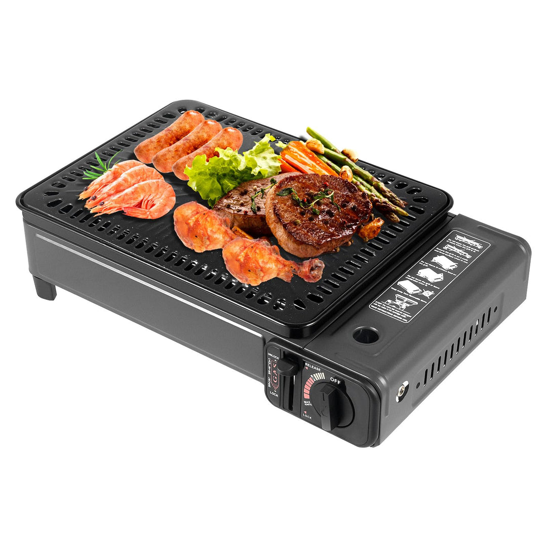 2-in-1 Tragbarer Camping Grill Gasherd, Tragbarer Butan Gasherd mit Grillzubehör Set, Gas Grill Herd