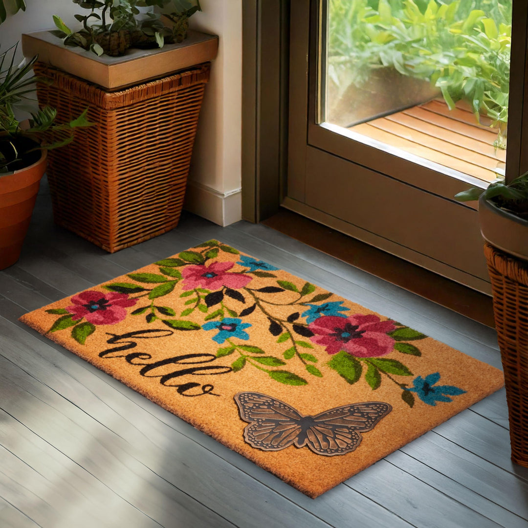 BRUBAKER Fussmatte für Aussen und Innen - 3D Schmetterling mit Blumen und Hello - 45 x 75 cm Schmutz