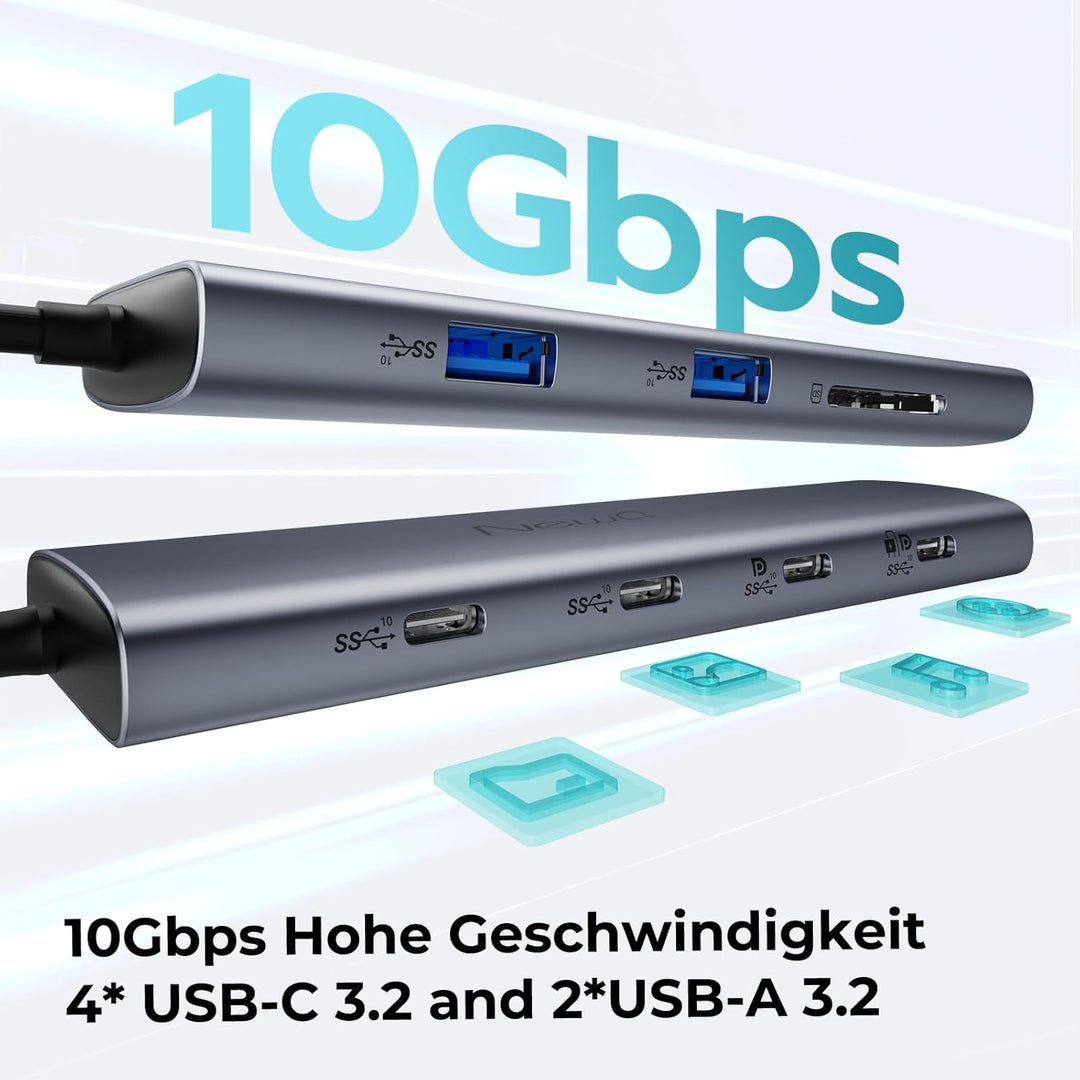 USB C Video Hub mit Dual/Triple Monitor Support, 4K@30-60Hz HDMI, 100W PD, 6X USB 10 Gbit/s, SD4.0,