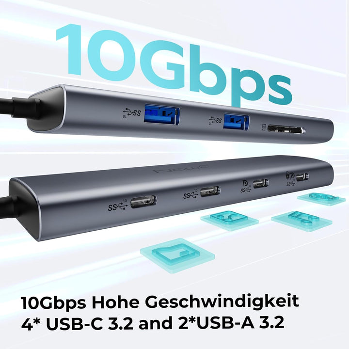 USB C Video Hub mit Dual/Triple Monitor Support, 4K@30-60Hz HDMI, 100W PD, 6X USB 10 Gbit/s, SD4.0,