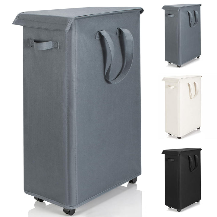 Slim Wäschekorb mit Deckel 55L, Wäschebeutel mit Rollen, atmungsaktiv, zusammenklappbar, schmal,für