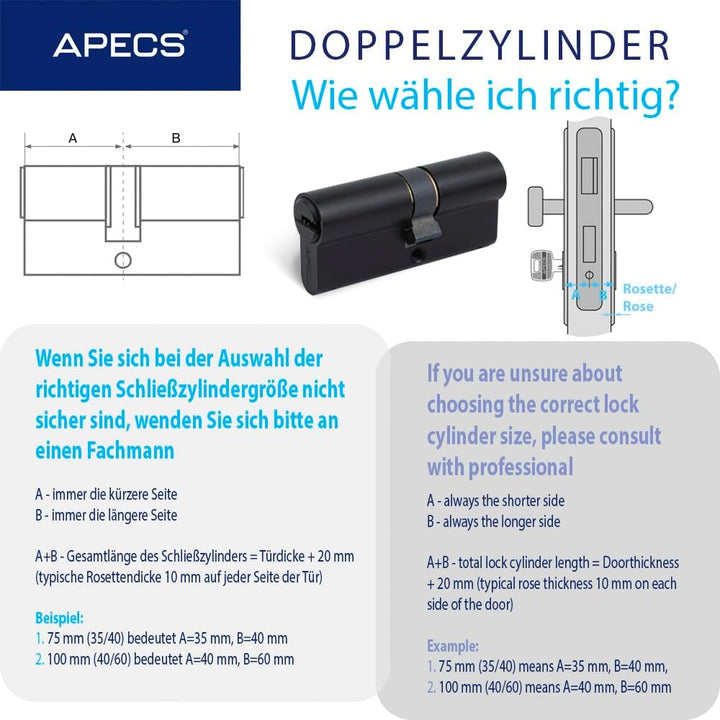 APECS Zylinderschloss Profilzylinder Schwarz 65 (30/35) mm fur Türschloss Haustür mit 5 Schlüsseln M