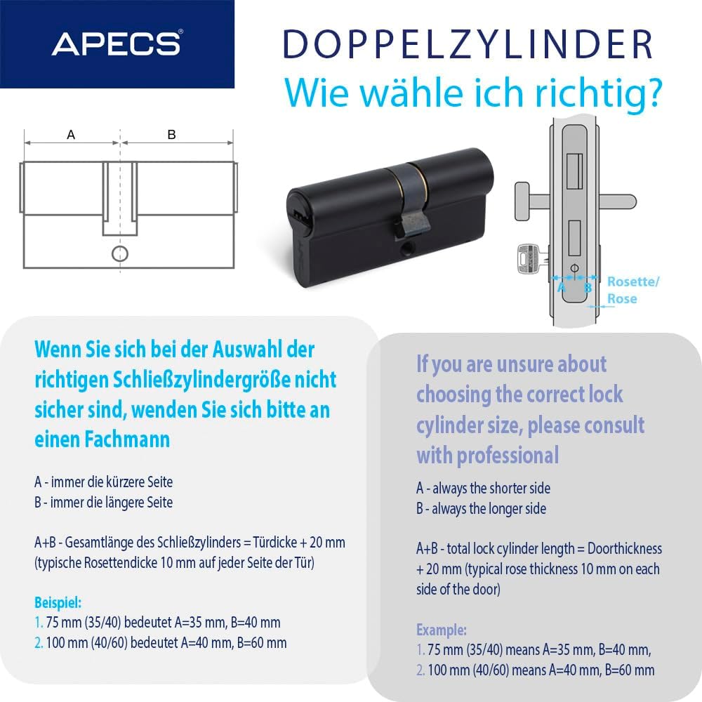 APECS Zylinderschloss Profilzylinder Schwarz 95 (45/50) mm fur Türschloss Haustür mit 5 Schlüsseln M