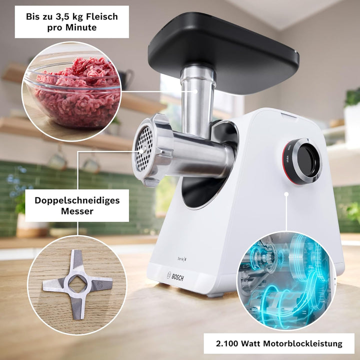 Bosch MultiPower Serie 6 Fleischwolf MFWS607W, 2 Lochscheiben (4,5 und 8 mm), Edelstahl, spülmaschin