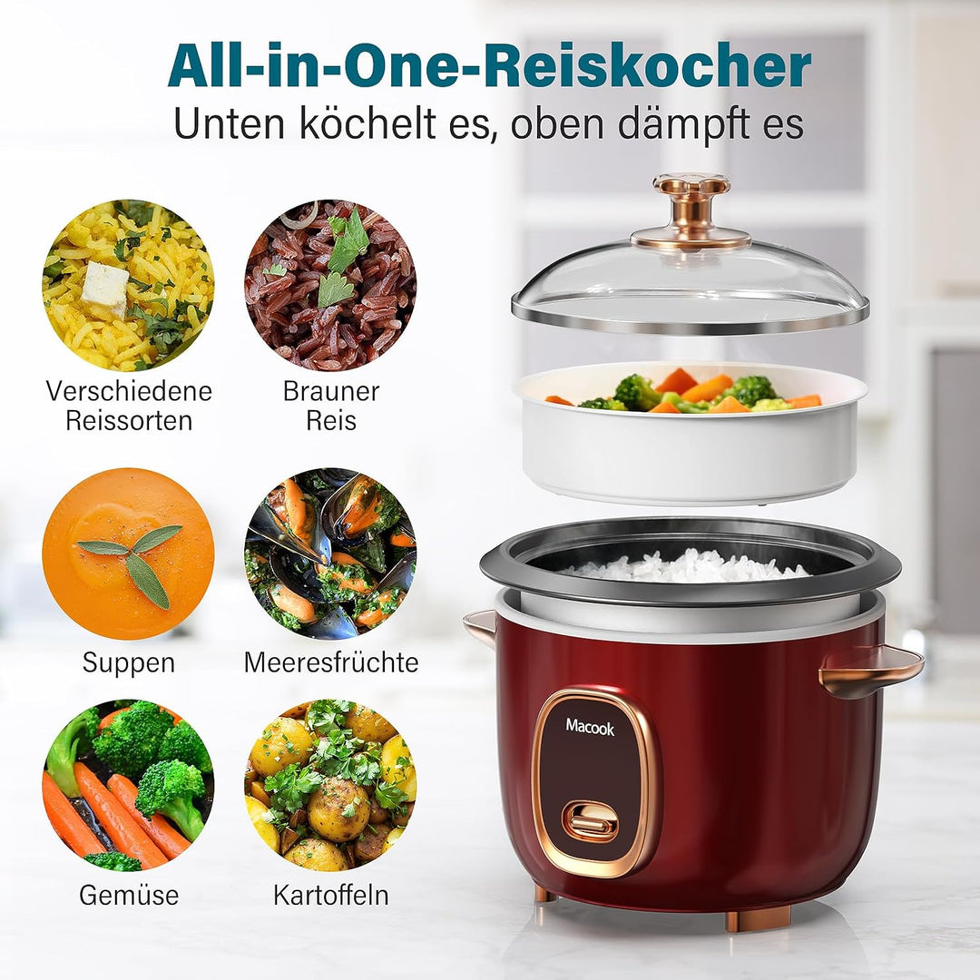 Reiskocher und Dampfgarer, (1 Liter, 8 Tassen gekocht) für 4-5 Personen, Multifunktional Antihaft-Pf