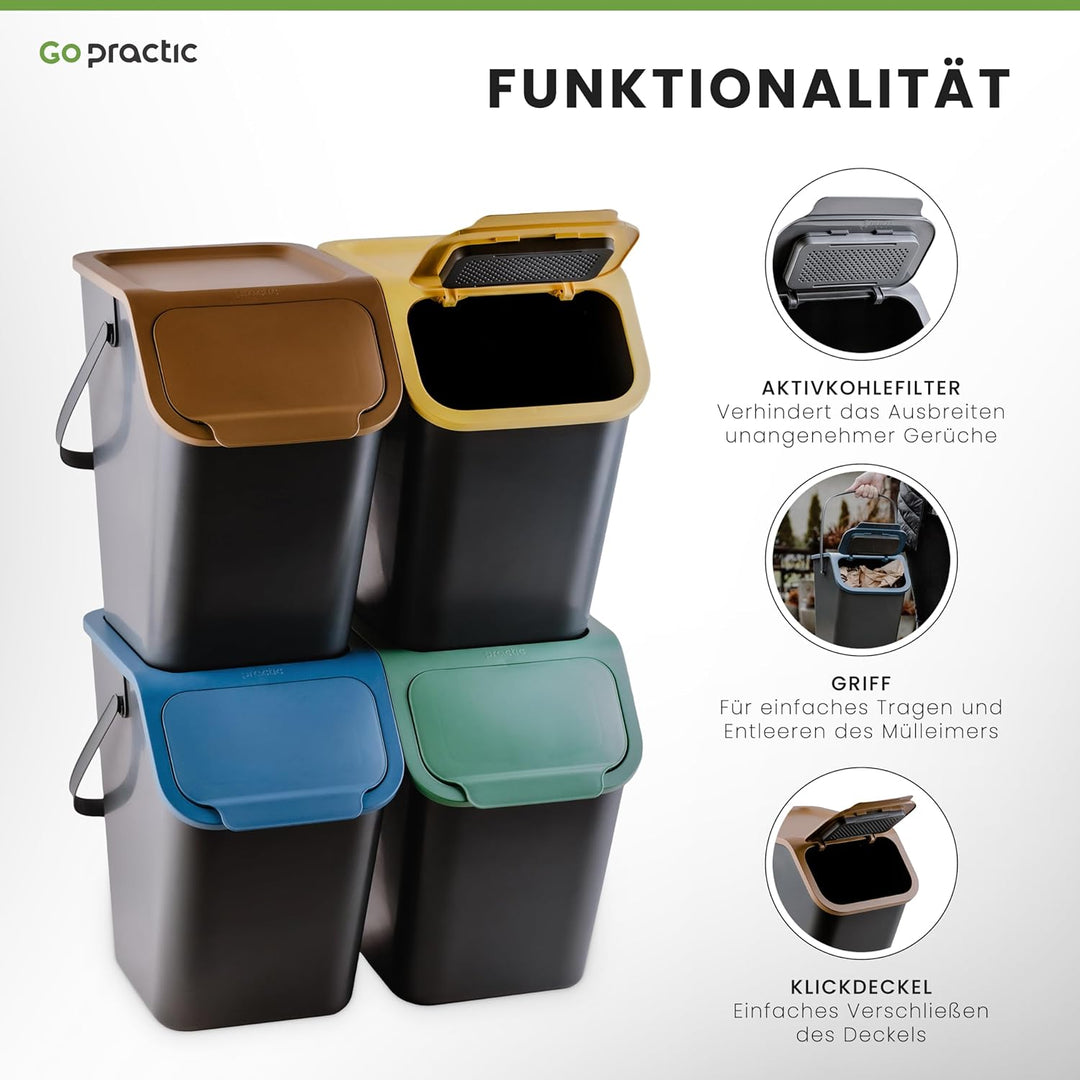 Go Practic 2-er Mülleimer-Set Küche Mülltrennsystem 2x Mülleimer 25l mit Deckel und 2-Pack Bioaktivk