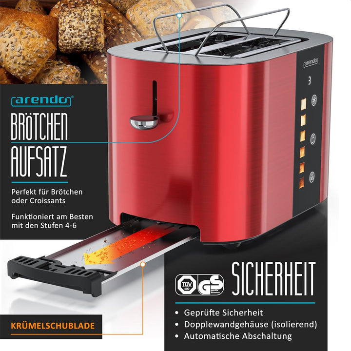 Arendo - Edelstahl Toaster 2 Scheiben - Touchscreen – Doppelwandgehäuse – 800 W – Integrierter Brötc