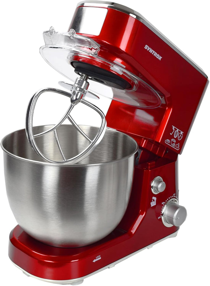 Syntrox Germany KM-1000W Küchenmaschine Knetmaschine Mixer, Edelstahl-Behälter, 5 Liter, rot