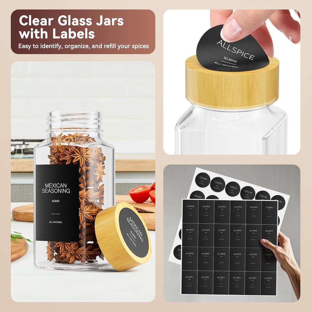 Gewürzregal Set 24er120ml Glas Gewürzdosen Eckig mit Bambusdeckel | 3-stufiger Gewürz Organizer mit