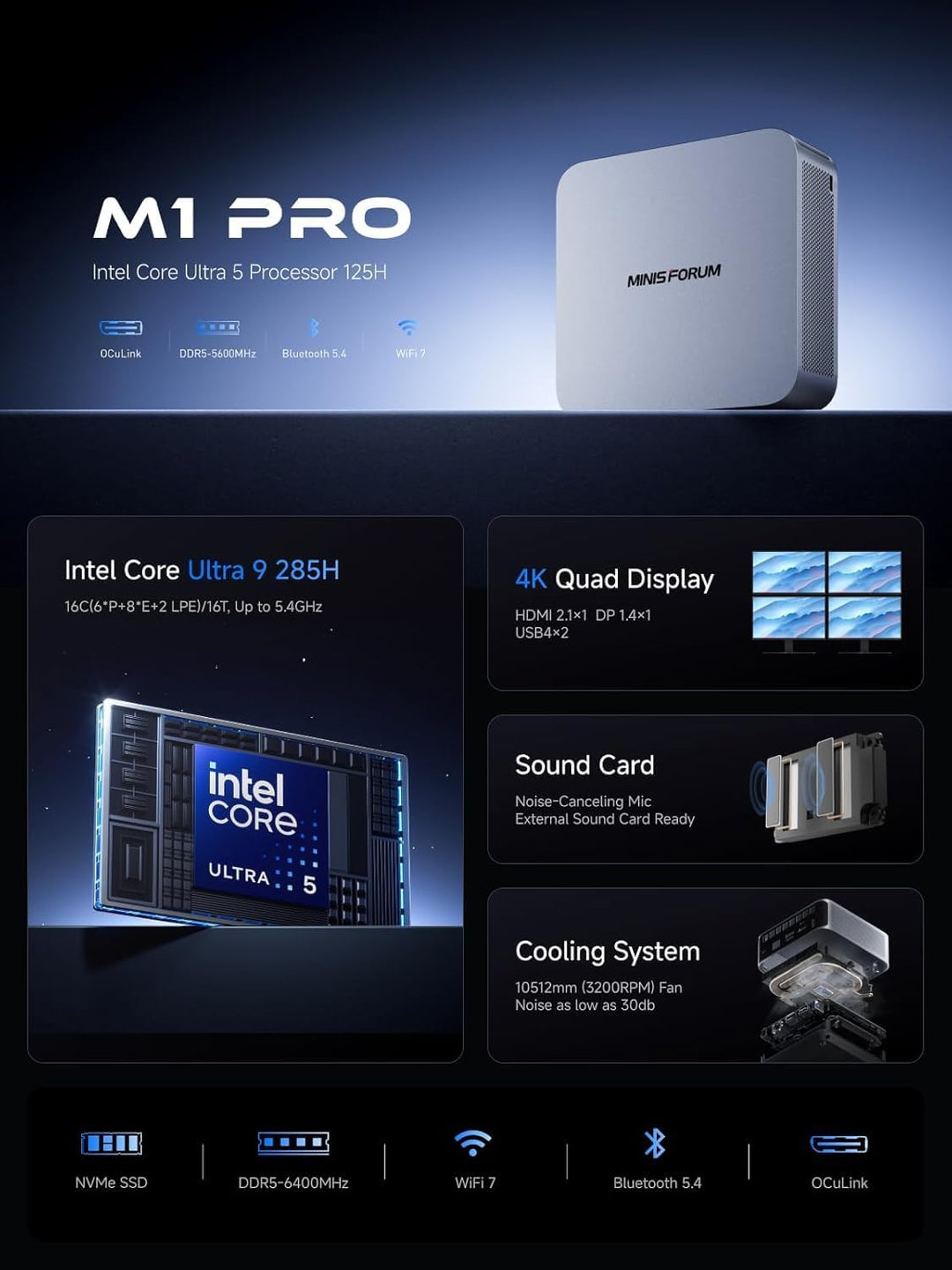 MINIS FORUM M1 Pro-285H Mini PC, Intel Core Ultra 9 285H (16C/16T, bis zu 5,4GHz), 32GB DDR5, 1TB PC