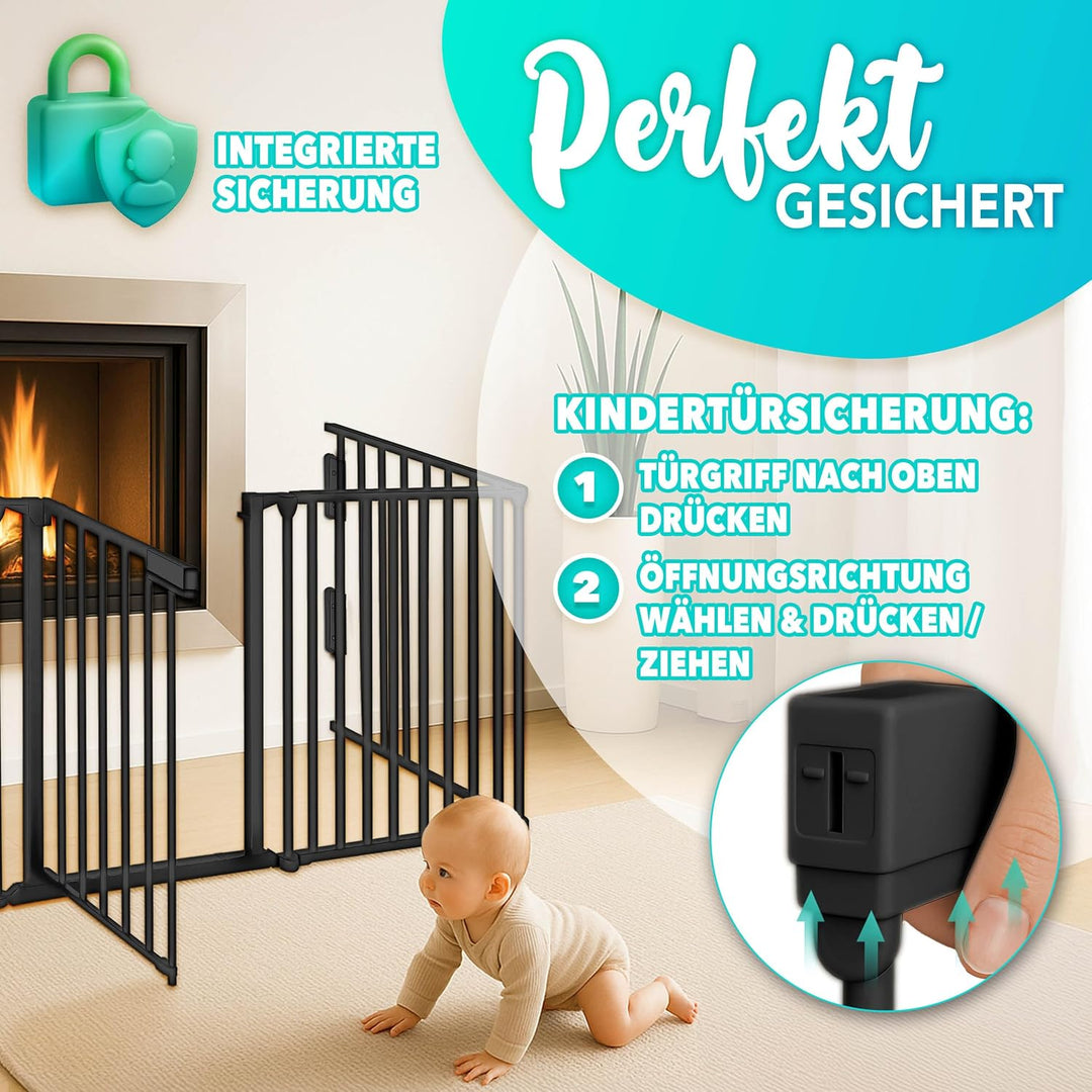 KIDUKU® Kaminschutzgitter mit Tür Metall 240 cm | Absperrgitter Ofenschutzgitter faltbar | Konfigura