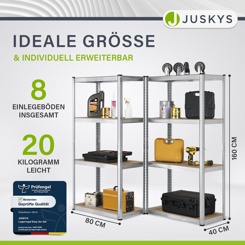 Juskys 2er-Set Lagerregal Easy 2X 160x80x40cm (HxBxT) | 640kg Traglast | 8 Böden | Metall Schwerlast