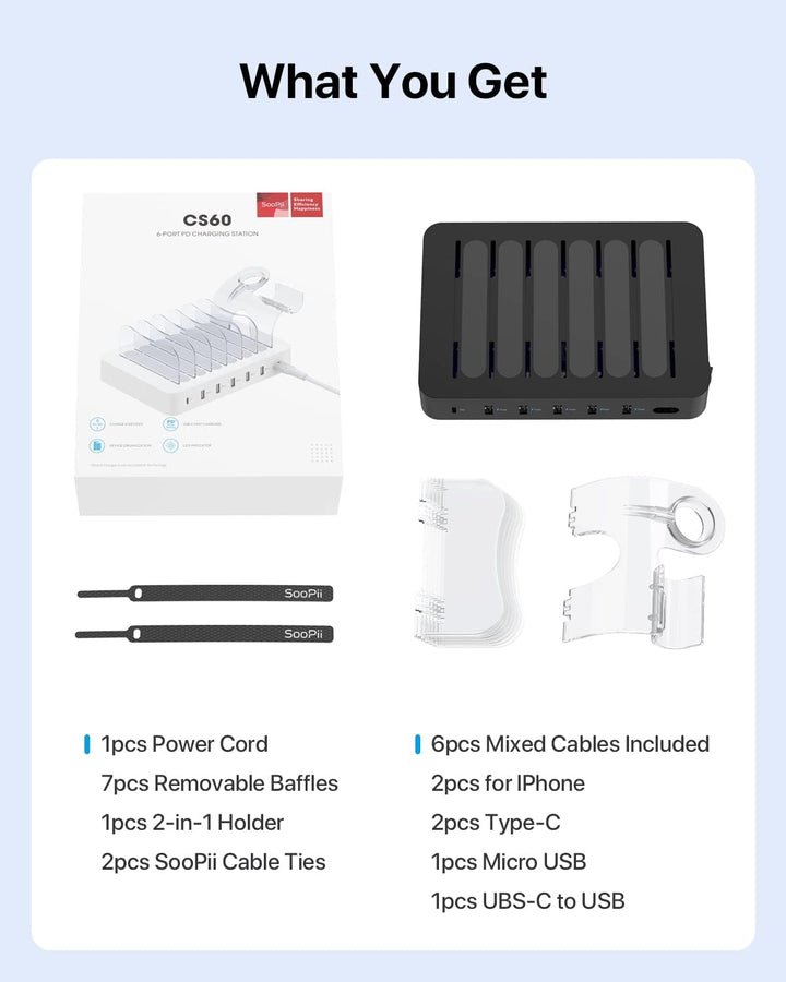 SooPii 60W 6-Port USB Ladestation für mehrere Geräte, PD 20W USB C Schnellladung für lPhone 14/13/12