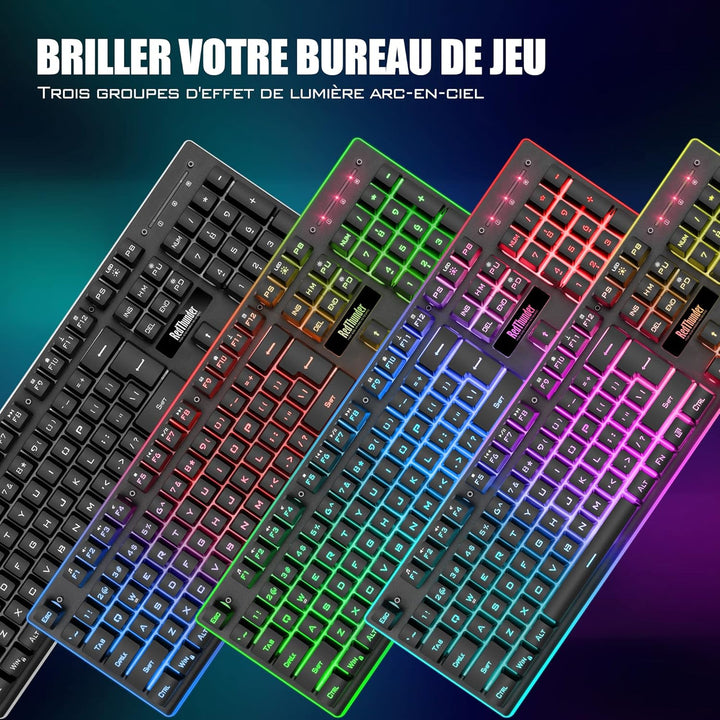 RedThunder K10 Tastatur und Maus kabellos, AZERTY FRANZAIS, Schwarz