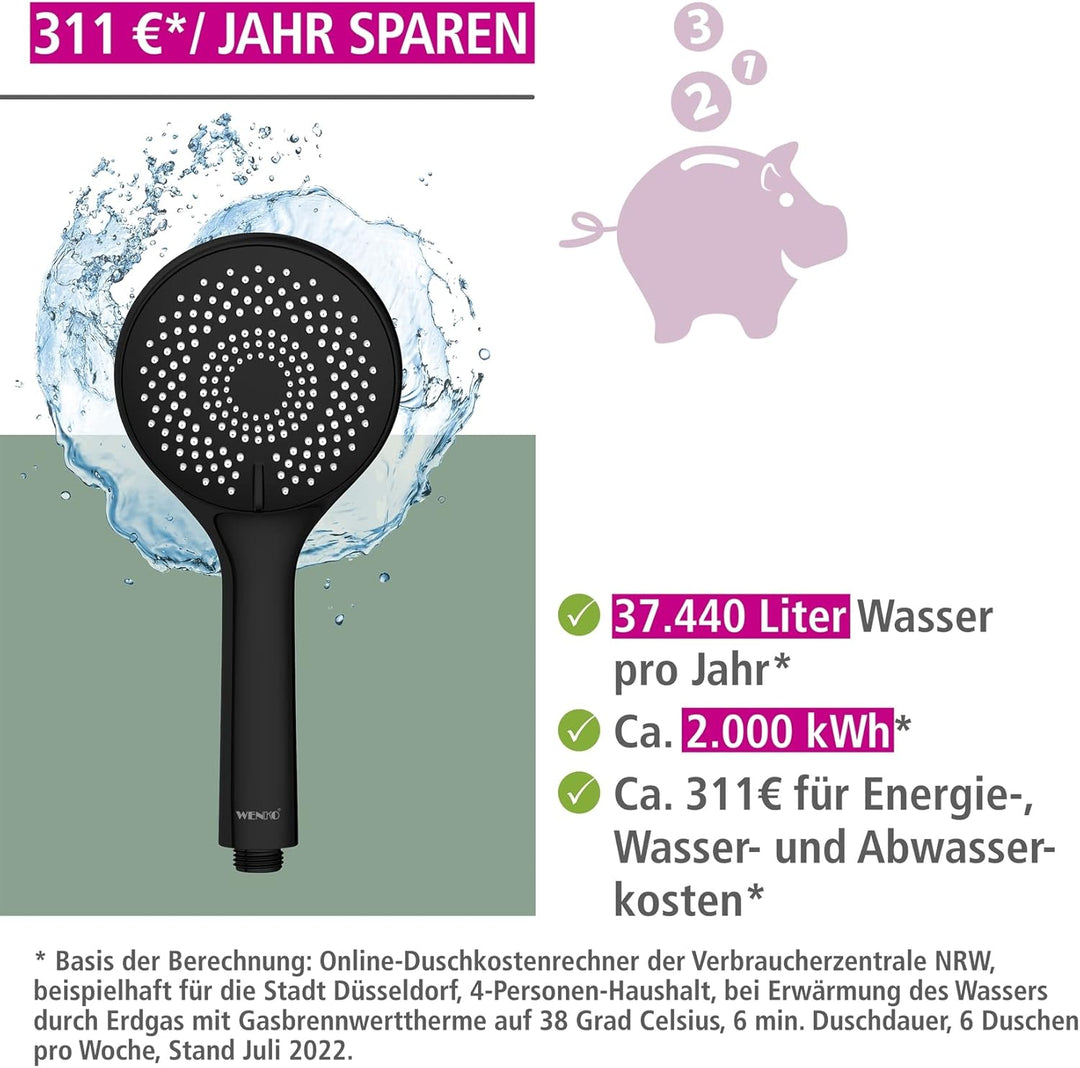 WENKO Wasserspar Duschkopf Watersaving, Handbrause mit Wasserspar-System, 3 Strahlarten, Ø 11 cm, AB