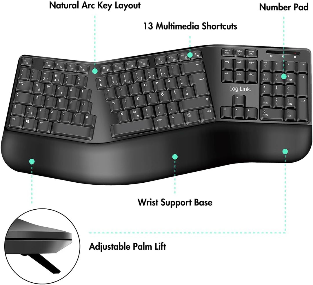 LogiLink Ergonomisches Funk-Tastatur-Maus-Set mit geteilter Tastatur (mit 13 Multimedia Keys)